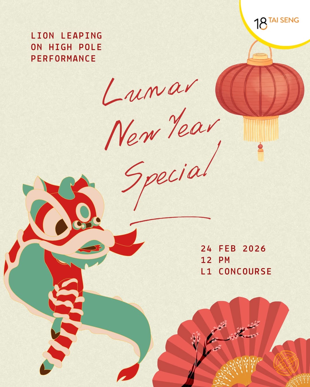 A vibrant traditional Chinese Lion Dance performance with colorful costumes and drums
