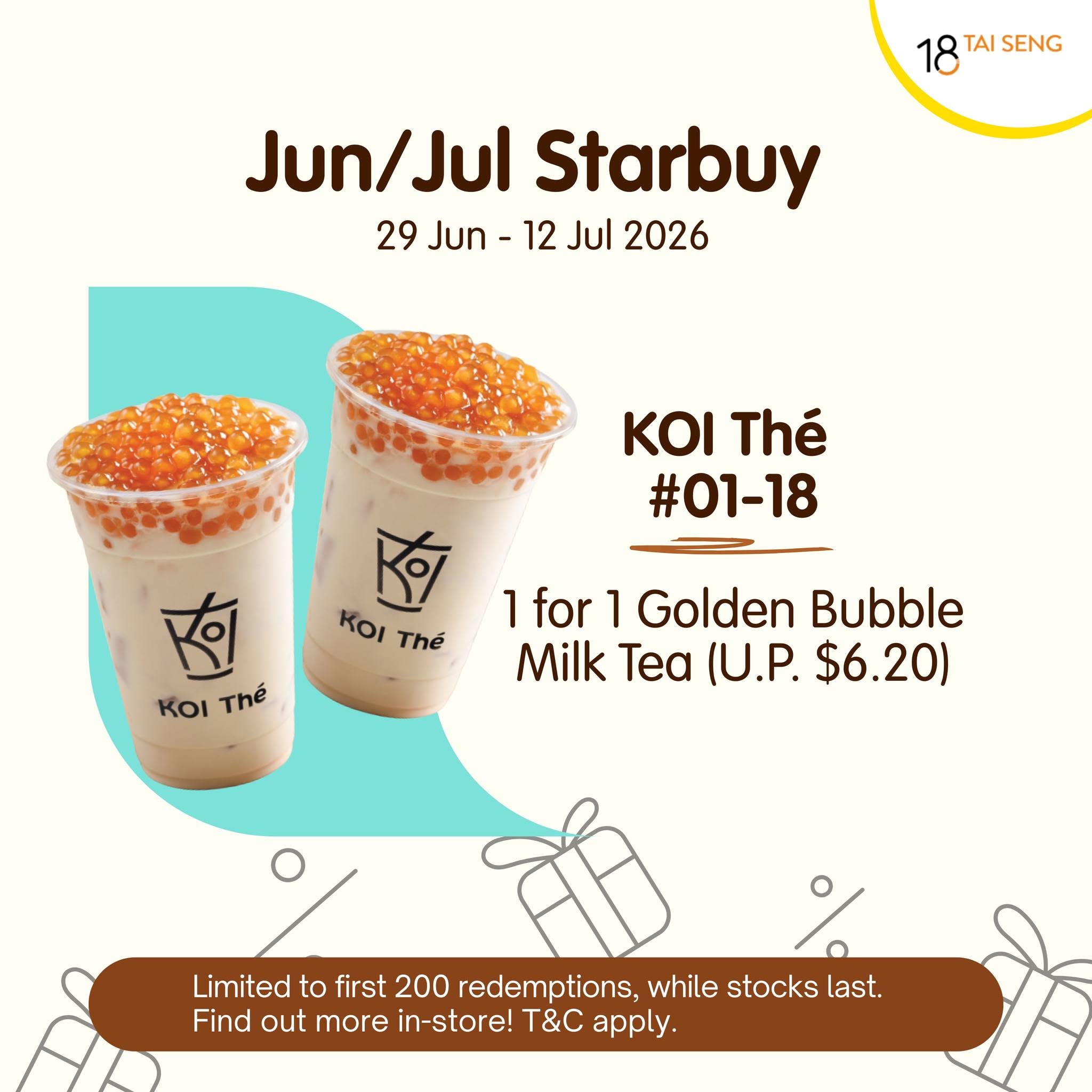 KOI The 1-for-1 Golden Bubble Milk Tea promotion at 18 Tai Seng